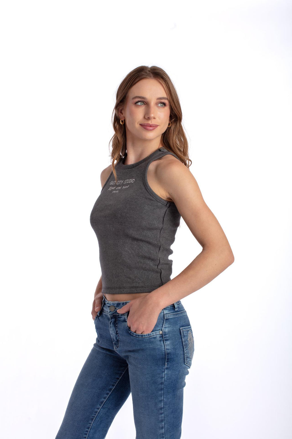 Polera Olivia Tank Top Bordado Grafito Efesis