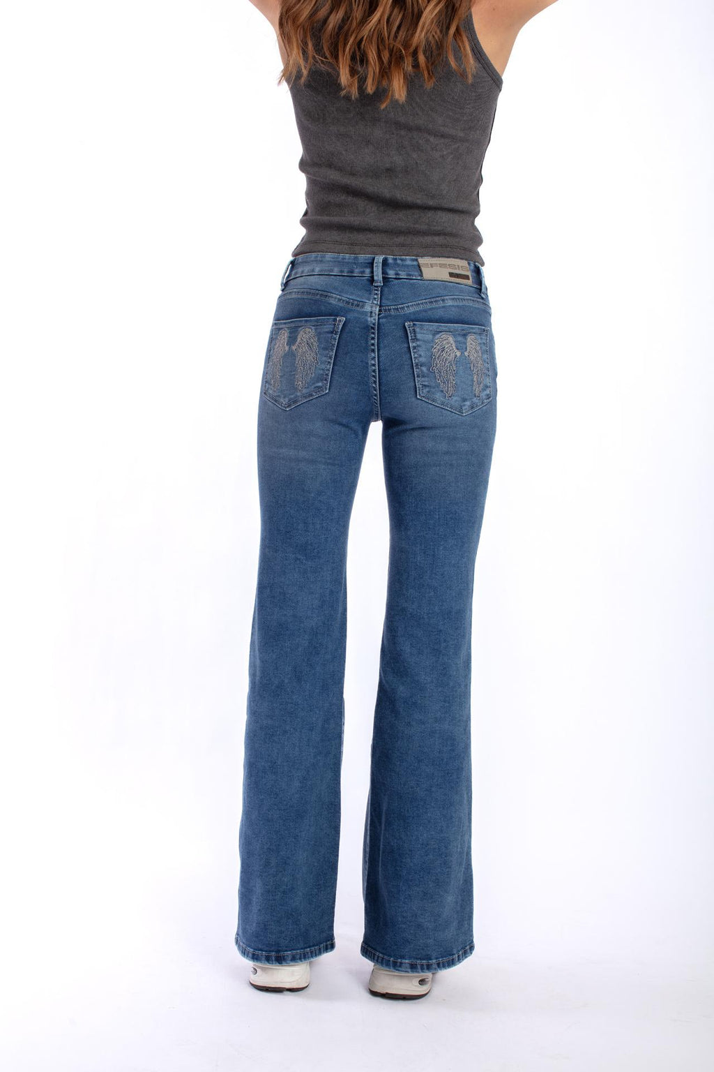 Jeans Wings Flare Bordado Alas Azul Medio Efesis