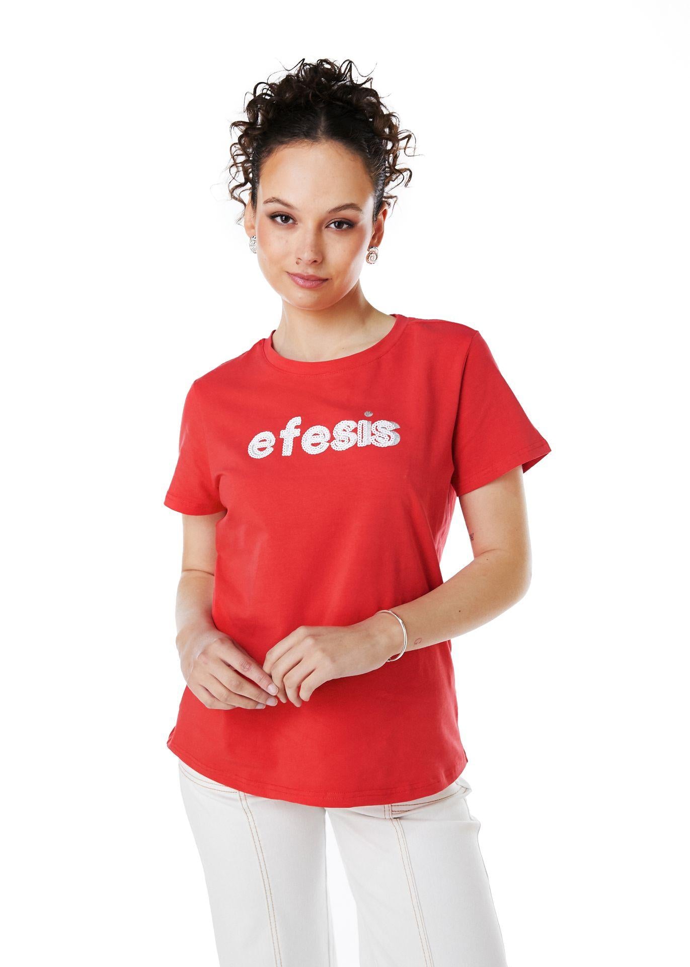 POLERA MILA REGULAR ESTAMPADO Y LENTEJUELAS ROJO EFESIS
