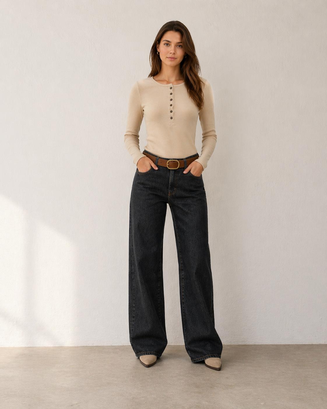 Jeans Atria Wide Tiro Bajo Pretina Pasada Negro Efesis